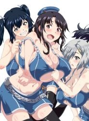 4girls black_hair blue_hair blush breasts brown_eyes grey_hair hair_ornament hair_over_one_eye hairclip hamakaze_(kantai_collection) hat huge_breasts kantai_collection katsuragi_(kantai_collection) multiple_girls open_mouth sangou_(metal-wind) souryuu_(kantai_collection) swimsuit takao_(kantai_collection) twintails underboob yellow_eyes yuri