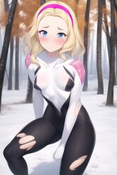ai_generated blonde_hair female gwen_stacy hairband latex marvel marvel_comics nai_diffusion nipple_bulge ripped_clothing sitting skin_tight snow spider-gwen stable_diffusion trees
