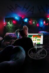 1girls 3d ass batman_(series) bed bedroom big_ass big_butt bubble_ass bubble_butt christmas christmas_lights dat_ass dc dc_comics dyed_hair female female_only fully_clothed harley_quinn harley_quinn_(injustice) injustice_2 laptop lounging pajama_pants pajamas solo squidmelon twintails