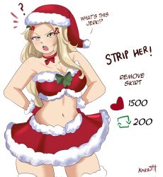 1girls angry belly_button blonde_hair christmas christmas_outfit christmas_skirt christmas_topwear cleavage gloves goddess heart karbuitt kid_icarus kid_icarus_uprising like_icon midriff nintendo retweet_challenge retweet_icon ribbon_choker santa_costume santa_hat skirt strip_game tagme twitter twitter_strip_game_(meme) viridi yellow_eyes