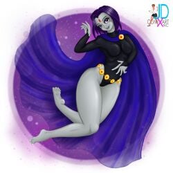 1girls cape cloak clothing dc dc_comics fanart feet female female_only foot_worship grey_skin jdcxart long_legs outerwear pale_skin purple_hair rachel_roth raven_(dc) solo teen_titans tight_suit