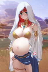 1girls big_breasts blush bracelets choker circlet collar crown detailed_background female female_only genshin_impact gold_(metal) gold_jewelry jewelry looking_at_viewer lots_of_jewelry medium_hair necklace nilou_(genshin_impact) outside pale-skinned_female pale_skin pregnant red_hair revealing_clothes rings solo teal_eyes thighlet veil w.q.y wrist_cuffs