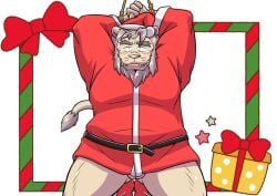 2022 anthro balls blush bound christmas christmas_clothing christmas_headwear clothing felid genitals hat headgear headwear holidays humanoid_hands kemono lion male male_only mammal oogamikennta pantherine santa_claus santa_hat slightly_chubby solo