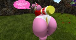 1girl 1girls 3d_background amy_rose ass_bigger_than_head ass_expansion ass_focus ass_up bending_forward bending_over big_ass bubble_butt confusion dialogue english_text female flower frustrated frustration grass grass_field hairband hammer handle hedgehog huge_ass mobian_(species) object_between_ass object_in_ass panties piko_piko_hammer pink_body plump_ass plump_butt red_clothing rocks rose_(flower) sega sky sonic_(series) speech_bubble spiky_hair tagme unaware watermark white_eyes white_panties zer0264