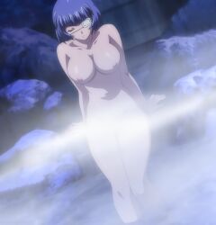 2008 blue_hair breasts censored eye_patch female hot_spring ikkitousen ikkitousen_great_guardians mist naked nipples ryomou_shimei short_hair stitched