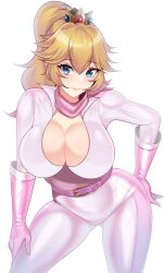 1girls big_breasts blonde_hair blue_eyes bodysuit breasts busty cleavage confident female female_only hand_on_hip hand_on_leg hand_on_own_leg hand_on_own_thigh hand_on_thigh highres large_breasts leaning_forward mario_(series) mario_kart nintendo ponytail pose posing princess princess_peach sensual smile voluptuous volyz