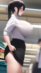 1girls ai_generated big_ass big_breasts black_hair black_skirt blush blush_lines blushing_at_viewer buying curvy curvy_figure erect_nipples erect_nipples_under_clothes female grocery_store huge_breasts lifting_clothing lifting_skirt market massive_breasts original original_character ponytail round_breasts school_uniform schoolgirl schoolgirl_uniform side_view sideboob stable_diffusion stealth store supermarket white_shirt