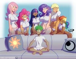 1boy 2022 6girls applejack_(mlp) biting_lip boxers curvy_female dark-skinned_female dark_skin female fluttershy_(mlp) friendship_is_magic frostbiteboi human human_only humanized male mane_six mane_six_(mlp) meme multiple_females multiple_girls my_little_pony panties pinkie_pie_(mlp) piper_perri_surrounded rainbow_dash_(mlp) rarity_(mlp) sitting smaller_male smooth_skin spike_(mlp) spike_gets_all_the_mares sweatdrop t-shirt twilight_sparkle_(mlp) white_panties