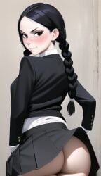 ai_generated big_ass big_butt blush blushing_at_viewer female flashing_ass formal formal_clothes formal_wear goth goth_girl gothic looking_at_viewer looking_back pale_skin presenting presenting_ass school school_uniform schoolgirl schoolgirl_uniform skirt smirk smirking smirking_at_viewer stable_diffusion teenager the_addams_family thick_thighs twin_braids twintails wednesday_addams white_shirt