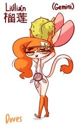 alternate_version_available anthro armpits chinese_text chinese_zodiac color colored diives dreamcatcher fruit_on_head green_eyes hands_above_head headwear liulian_(diives) long_hair long_red_hair looking_at_viewer nude nude_anthro pussy small_breasts tagme text