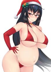 1girls azur_lane big_breasts bikini black_hair blush choker christmas christmas_outfit collar elbow_gloves female female_only gloves hand_on_hip huge_breasts kuavera long_hair looking_at_viewer pregnant red_bikini red_eyes red_gloves santa_hat smile solo swimsuit taihou_(azur_lane) third-party_edit underboob very_long_hair