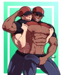 2boys abs bara belt big_bulge big_pecs black_hair blue_eyes blush bulge bulge_through_clothing cap chocolate_and_vanilla clothed clothed_male courier_(pokemon) dark-skinned_male erection_under_clothes eyes_half_closed gay hand_behind_another's_head hat holding_bulge huge_bulge lake_side_nsfw light-skinned_male light_skin looking_at_partner looking_over_shoulder male male_ass male_nipples male_only melanin mouth_open muscles muscular muscular_male nipples pecs penis_grab pokemon pokemon_sv shirt_lift shirt_up skin_tight smile smiling tanned_skin tight_clothing veins wristband yaoi