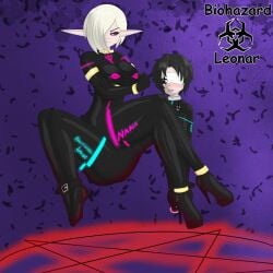 1boy 1girls biohazardleonar blonde_hair demon demon_girl female female_domination femdom fetish latex leonar(character) levitation male monster_boy monster_girl mutant nana_gel_(character) pentagram succubus