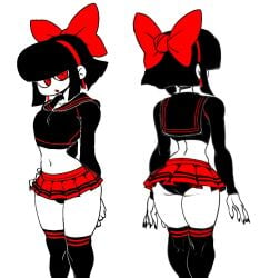 1boy 2022 ass bangs big_ass big_butt black_hair black_serafuku blunt_bangs bow bulge clothed clothing crossdressing dizzyspells emotionless expressionless femboy fully_clothed girly hairbow male male_only microskirt miniskirt original otoko_no_ko panties pixel_art pleated_skirt red_eyes restricted_palette school_uniform scythe_(dizzyspells) serafuku short_hair sidelocks skirt solo thick_thighs thighhighs trap white_background white_skin wide_hips