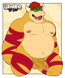 2021 anthro areola balls belly bodily_fluids bondage bound bowser christmas digital_media_(artwork) eyebrows foreskin gendomx genital_fluids genitals glans hair half-erect hi_res holidays horn humanoid_genitalia humanoid_penis kneeling koopa male male_only mario_(series) navel nintendo nipples nude open_mouth overweight overweight_anthro overweight_male partially_retracted_foreskin pecs penis precum red_hair ribbon_bondage ribbons scalie solo teeth tongue vein veiny_penis video_games