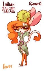 alternate_version_available anthro chinese_text chinese_zodiac color colored diives dreamcatcher dress fruit_on_head green_eyes hands_above_head liulian_(diives) long_hair long_red_hair looking_at_viewer red_hair tagme text