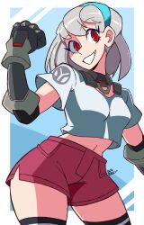 1girls black_legwear blue_headband clothed curvy dopedarkmode epic_games female female_only fortnite lexa_(fortnite) midriff pink_shorts red_eyes robotic_arm safe_for_work silver_hair smile solo white_hair white_topwear