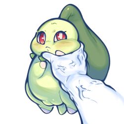 1girls :< ambiguous_pov big_pussy blush chikorita disembodied_hand elemental_creature fat_mons female feral feral_focus flora_fauna generation_2_pokemon genitals glistening glistening_genitalia grabbing green_body hi_res ligma_(artist) looking_at_viewer nintendo pear-shaped_figure plant plump_labia pokémon_(species) pokemon pokemon_(species) pov puffy_vulva pupils pussy red_eyes short_tail simple_background solo_focus veiny_arms video_games white_background white_pupils wide_hips