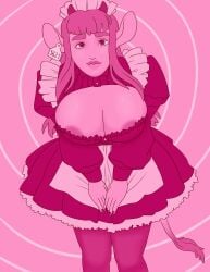 <3_eyes 4_fingers absurd_res animal_humanoid areola bangs big_areola big_breasts blush blush_lines bovid bovid_humanoid bovine bovine_humanoid breasts clothed clothing colored_nails ear_tag female female_focus fingers hair heart hi_res horn horned_humanoid humanoid long_hair looking_at_viewer maid_uniform mammal mammal_humanoid nails odadjian partially_clothed pink_areola pink_body pink_hair simple_background smile smiling_at_viewer solo uniform