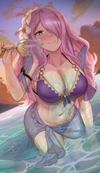 1girls alternate_costume beach bikini blush breasts camilla_(fire_emblem) camilla_(summer)_(fire_emblem) cleavage closed_mouth cloud collarbone come_hither cup drink female fire_emblem fire_emblem_fates fire_emblem_heroes flower food_play glass hair_flower hair_ornament hair_over_one_eye heart-shaped_pupils hibiscus hips holding holding_cup holding_object huge_breasts ippers large_breasts light-skinned_female light_skin long_hair looking_at_viewer navel nintendo ocean official_alternate_costume orange_sky outdoors pouring pouring_on_self pouring_onto_self purple_bikini purple_eyes purple_hair purple_nails purple_sarong purple_swimsuit sarong seductive see-through see-through_sarong sky smile solo sunset swimsuit teasing thick_thighs thighs very_long_hair wading water white_flower wide_hips