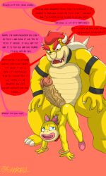 1boy 1girls anthro anthro_on_anthro bald_female big_ass big_penis blue_eyes bowser daddy dialogue english_text huge_cock lizard_girl lizardman mario_(series) pink_lipstick red_eyes red_hair rubber sigorordl simple_background speech_bubble text thorns wendy_o._koopa yellow_skin younger_female