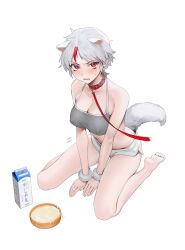 1girls animal_ears bare_legs barefoot bdsm bowl breasts cleavage collar covered_nipples crop_top cuffs dog_ears dog_tail fake_animal_ears fake_tail female full_body grey_crop_top grey_hair han'you_no_yashahime higurashi_towa inuyasha large_breasts leash light-skinned_female light_skin looking_at_viewer midriff milk milk_carton milk_in_container nipple_bulge ohisashiburi pet_bowl pet_play petplay red_eyes red_streak short_hair short_shorts shorts sitting solo sports_bra streaked_hair tail thighs tomboy very_short_hair viewer_holding_leash wariza white_hair white_shorts wrist_cuffs