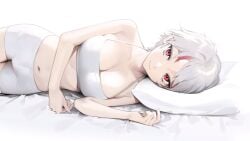 1girls bare_arms bare_shoulders bed breasts cleavage female higurashi_towa inuyasha large_breasts light-skinned_female light_skin lying lying_on_side midriff ohisashiburi on_side pillow red_eyes short_hair short_shorts shorts solo sports_bra stomach tight_clothing tomboy underwear underwear_only very_short_hair white_hair