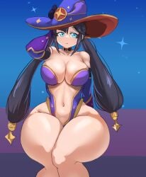 1girls big_breasts blue_eyes bored breasts female female_only genshin_impact ghosffee hat huge_thighs leotard light-skinned_female light_skin mona_(genshin_impact) sitting solo thick_thighs thighs twintails voluptuous wide_hips witch_hat