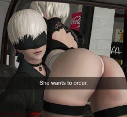 1boy 1girls 3d age_difference artist_name ass barely_covered blindfold choker coca-cola darkoverlord1296 grey_hair he_wants_to_order highres mcdonald's meme nier:_automata nier_(series) ronald_mcdonald she_wants_to_order source_filmmaker thong yorha_2b yorha_9s