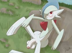 albino blush flaccid foreskin gallade generation_4_pokemon genitals hair humanoid_genitalia itszabba looking_at_viewer male nintendo penis pokémon_(species) pokemon pokemon_(species) relaxing rock sitting sitting_on_ground smile solo video_games