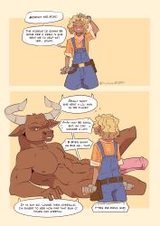 absurd_res anthro anthro_on_human big_penis blonde_hair blush bovid bovine brown_body brown_fur cattle closed_eyes clothing dark_body dark_skin duo english_text farm_boy_(davegustave) femboy freckles fur furry gay genitals gloves hair handwear hi_res horn human human_on_anthro interspecies larger_anthro male male/male male_only mammal open_mouth open_smile overalls penis r1zmy size_difference smaller_human smile text verbal yaoi