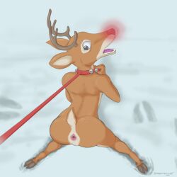 absurd_res ambiguous_pov anthro antlers anus arched_back ass bell bent_over bondage bound brown_body brown_fur capreoline deer footprint fur glowing glowing_nose hi_res holding_leash holding_object hooves horn jingle_bell kneeling leash leashing_pov looking_back male mammal multicolored_body multicolored_fur open_mouth pov reindeer rudolph rudolph_the_red-nosed_reindeer rudolph_the_red_nosed_reindeer sadosaurus snow solo solo_focus two_tone_body two_tone_fur