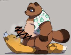 2022 absurd_res animal_crossing anthro balls blue_eyes canid canine censored closed_eyes clothed clothing crazy_redd duo erection fox genitals hi_res hisashino kemono lying male male_only mammal musk nintendo open_clothing open_shirt open_topwear overweight overweight_male penis raccoon_dog shirt sitting tanuki tom_nook topwear video_games