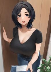 1girls absurd_res big_breasts black_hair black_shirt blue_eyes blue_pants breasts cleavage denim doorway female female_focus highres jeans large_breasts light_blush looking_at_viewer mature_female medium_hair milf mom_jeans original original_character parted_bangs plant pov sakuranotomoruhie short_hair short_sleeves smile solo_focus standing wife