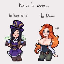 2d 2girls aanro big_breasts blue_eyes breasts breasts_out caitlyn_kiramman closed_eyes clothing español female female_only high_resolution league_of_legends light-skinned_female light_skin looking_at_viewer meme miss_fortune multiple_girls nipples pirate riot_games spanish_text tagme te text white_background