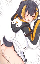 1boy 1girls ass black_hair blush bottomless climax closed_eyes cum cum_inside ejaculation hairclip hoodie kisaragi_1go light-skinned_female light-skinned_male light_skin nijisanji nijisanji_en no_panties penguin_girl penguin_hood penguin_tail petra_gurin pinned_to_wall sex sex_from_behind short_hair virtual_youtuber yellow_hair