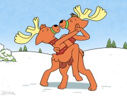 2022 anthro antlers balls capreoline dancing deer duo fur genitals hair hand_holding hi_res hooves horn male mammal nude reindeer romantic romantic_ambiance spot's_magical_christmas spot_(eric_hill) tango_(dance) zeklullaby