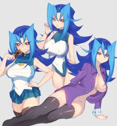 blue_hair card clothing dntks female huge_breasts kamishiro_rio legwear looking_at_viewer pose red_eyes rio_kamishiro school_uniform short_skirt smile solo swimsuit yu-gi-oh! yu-gi-oh!_duel_links yu-gi-oh!_zexal