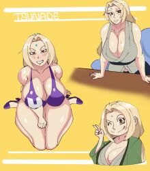 bikini blonde_hair blush breasts breasts_out forehead_mark high_heels huge_breasts large_breasts naruto naruto_(series) orange_eyes peace_sign sitting smile sunlightnova sweat teeth tsunade