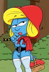 big_breasts blonde_hair cosplay functionally_nude imminent_rape lolipop peyo_(copyright) red_riding_hood smurfette stockings sweetpy takeshi1000 the_smurfs wet wet_pussy wide_hips