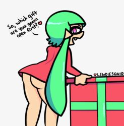 animated animated ass christmas dialogue dress gift green_hair inkling inkling_girl lewdiesquid panties pink_eyes splatoon swaying tentacle_hair