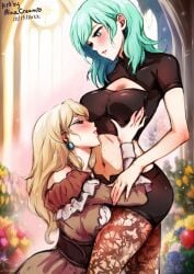 2girls alternate_costume alternate_hairstyle artist_name ass blonde_hair blue_eyes blush body_worship breast_grab breasts byleth_(fire_emblem) byleth_(fire_emblem)_(female) church cleavage cleavage_cutout dated earrings enlightened_byleth_(female) female female_only fire_emblem fire_emblem:_three_houses fire_emblem_warriors:_three_hopes grabbing green_eyes green_hair groping kneeling leggings light-skinned_female light_skin medium_breasts medium_hair mercedes_von_martritz minacream multiple_girls nail_polish nintendo official_alternate_costume official_alternate_hairstyle pantyhose shorts signature squinting yuri