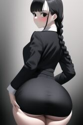 ai_generated anime_style awkward awkward_situation big_ass big_breasts big_butt black_background black_bra black_eyes black_hair blush blush_lines blushing blushing_at_viewer braid braids compliment cute cute_face english_text female formal formal_clothes formal_wear goth goth_girl gothic huge_breasts massive_breasts nai_diffusion pale pale-skinned_female pale_skin ribbon ribbon_choker serious serious_face simple_background speech_bubble stable_diffusion surrounded teenager text the_addams_family twin_braids uncomfortable wednesday_addams white_shirt