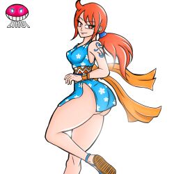 1girls big_ass big_butt curvaceous curvy female female_only going_commando huge_ass huge_butt kimono legs long_hair looking_at_viewer looking_back nami nami_(one_piece) no_bra no_panties onami one_piece orange_hair post-timeskip red_hair revealing_clothes thick_thighs thighs wano_country yukata zirot