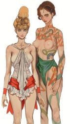 2022 2girls body_paint bodypaint breasts duo female female_only futurism life_(magazine) looking_at_viewer medium_breasts mossa multiple_girls original_character retro retro_futurism short_hair sideboob standing topless white_background