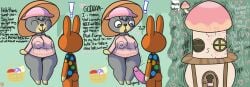 2022 animal_crossing areolae_visible_through_clothing big_breasts breasts claude_(animal_crossing) cock_shock drooling heart-shaped_pupils implied_sex klutzatdusk nintendo nipple_bulge nipples olive_(animal_crossing) penis_awe shortstack thick_thighs thighs tight_clothing visible_nipples wide_hips