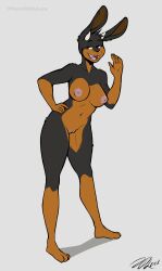 absurd_res anthro black_body black_fur breasts brown_body brown_fur fangs female fiercedeitylynx fur genitals half-closed_eyes hand_on_hip hi_res horn lagomorph leaning leaning_forward leporid long_ears mammal narrowed_eyes navel nipples nude pussy rabbit simple_background smile solo white_background