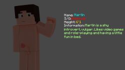 1boy 3d bisexual_male brown_eyes brown_hair character_profile erect_penis male male_only martin_(nsfwmartin) mine-imator minecraft model nsfwmartin nude_male solo tagme toony