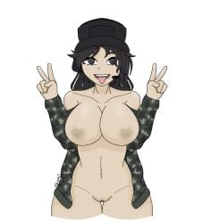 artist_name artist_signature black_eyes black_hair breasts exposed_breasts exposed_nipples half-dressed hat headphones jacket microphone military military_hat military_uniform nipples open_clothes peace_sign pussy roblox roblox_avatar robloxian shaospicy tongue tongue_out white_background