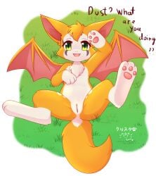 absurd_res anthro ass blush dust:_an_elysian_tail english_text female fidget_(elysian_tail) genitals green_eyes hi_res kryztar looking_at_viewer open_mouth pawpads paws pussy solo spread_legs spreading text video_games white_body